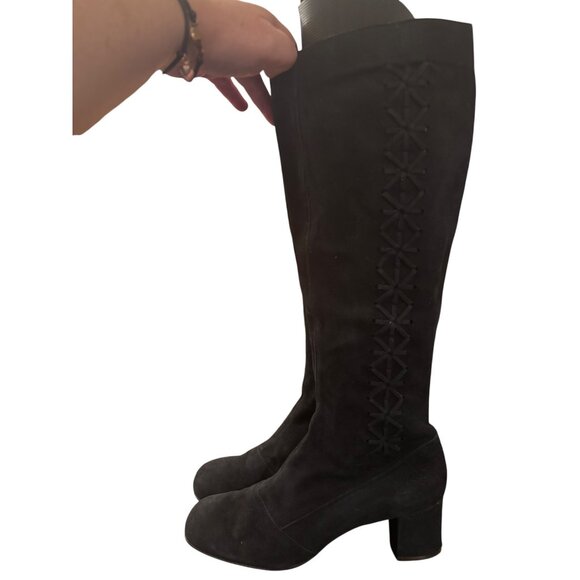 Crown Europa Navy Knee-High Suede Boots With Embroidered Detail Block Heel - Picture 3 of 12